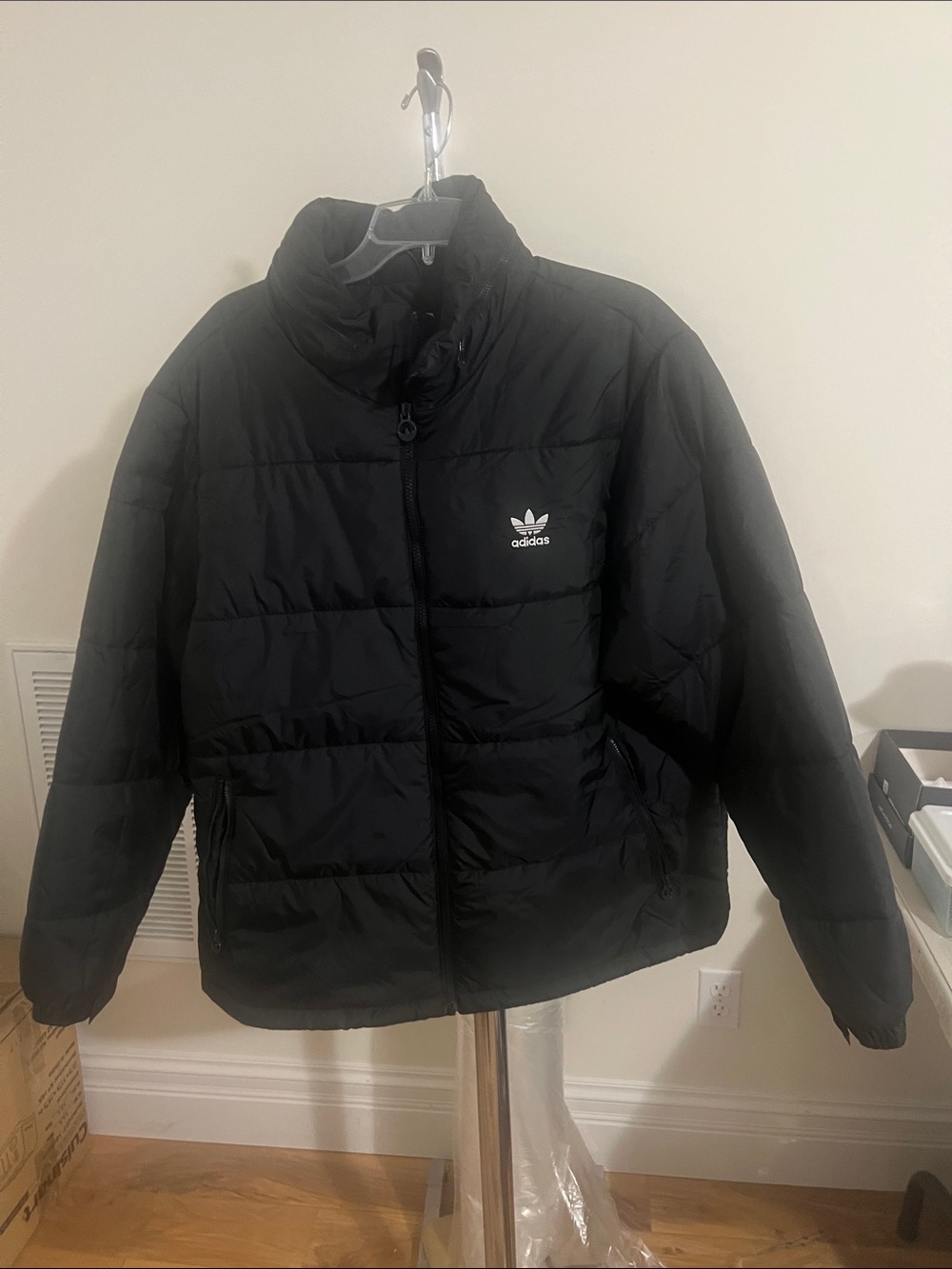 Adidas Black Quilted Puffer Jacket with Trefoil Logo Zip Out Hood